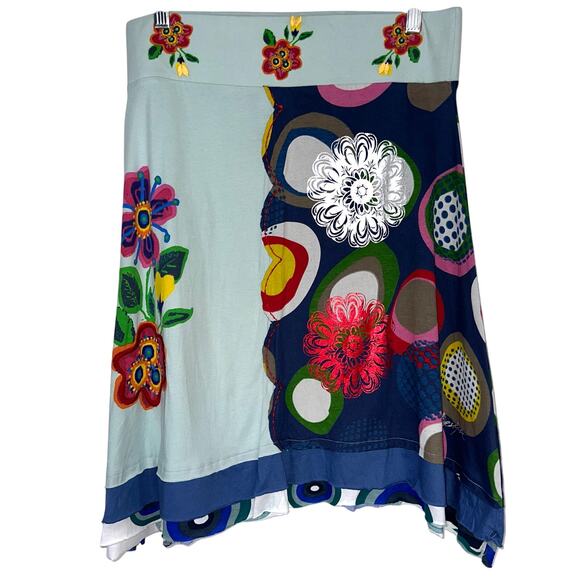 Desigual Colorful Boho Art Embroidered Floral Cotton A-Line Skirt Size Large - Picture 1 of 16